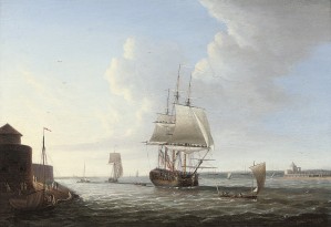 An English man-o war shortening sail entering Portsmouth